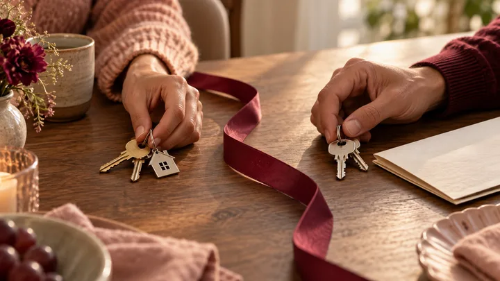 Two hands hold separate sets of keys across a wooden table, with a burgundy ribbon between them and blank papers nearby.