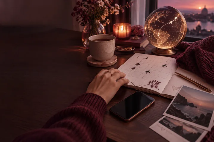Burgundy relationship still life with a woman's hand, travel calendar, phone, and glowing illustrative celestial globe by a window
