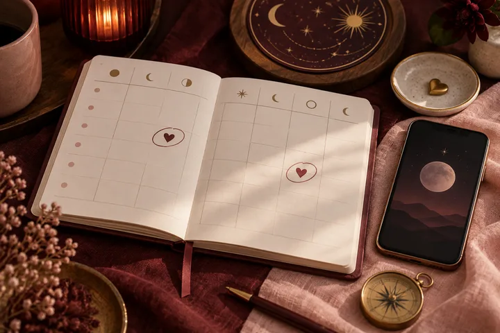 Open abstract weekly planner with two heart-marked meeting points, phone, compass, and illustrative lunar disk