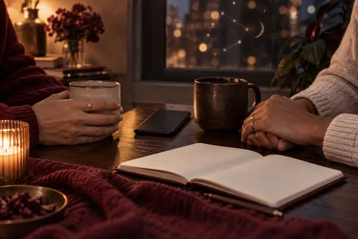 Two people’s hands and mugs across a table with a face-down phone and blank notebook during an honest relationship conversation