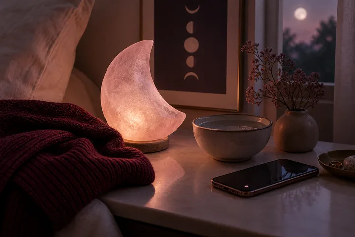 Blush moon-shaped lamp, burgundy sweater, water bowl, and phone with a single quiet notification dot in a reflective nook