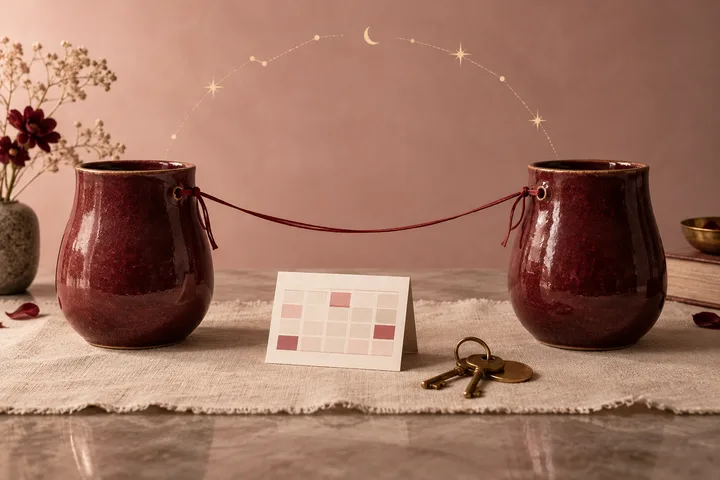 Two burgundy ceramic vessels linked by a thread above an abstract schedule card and keys, with a symbolic constellation arc