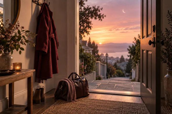 Open dawn doorway with burgundy coat, overnight bag, and a clear path beyond under a small crescent moon