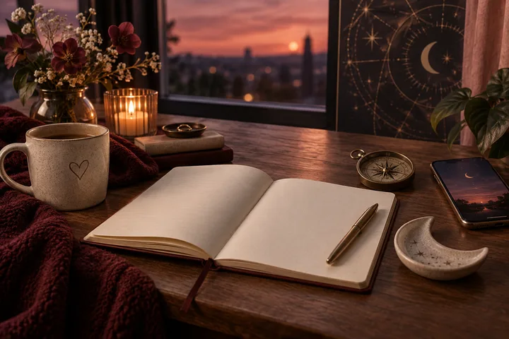 An intimate burgundy and blush tabletop with an open notebook, phone, compass, moon dish, candle, flowers, and an illustrative celestial chart at sunset, evoking honest questions about dating a caregiver.