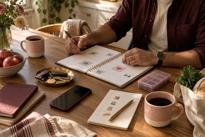 A man’s hands organize a weekly calendar beside keys, groceries, a phone, two coffee cups, and a closed pill organizer, making caregiving responsibilities visible in an ordinary home.