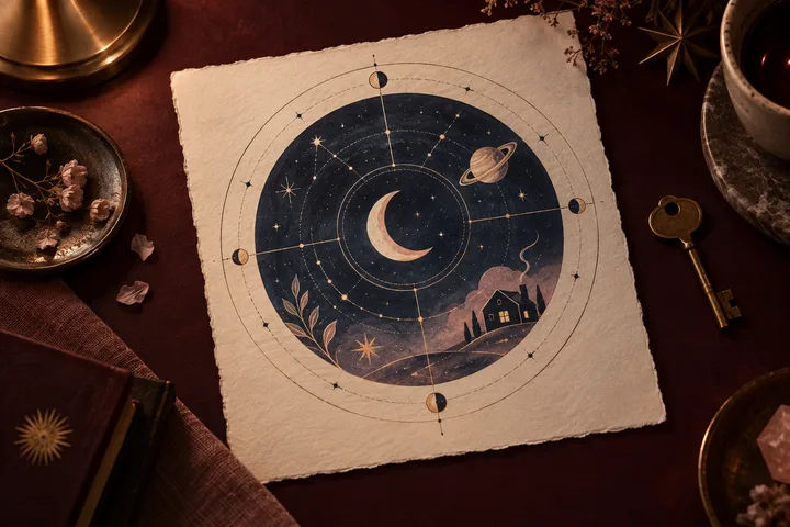 A generic illustrative astrology chart on deckled paper shows a crescent moon, ringed planet, stars, a house, and a brass key on a burgundy desk, representing natal symbolism for duty and home.