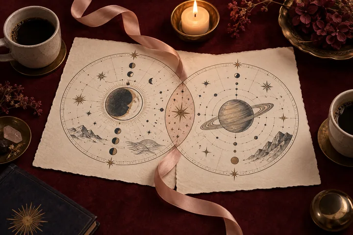Two generic illustrative celestial diagrams overlap on deckled paper beside coffee cups, a candle, and a blush ribbon, evoking synastry as two people’s needs and limits meeting.