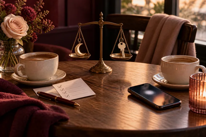 Two coffee cups sit across a café table while a brass scale balances a moon charm against a house key, with a checked-off card and glowing phone symbolizing evidence versus promises.