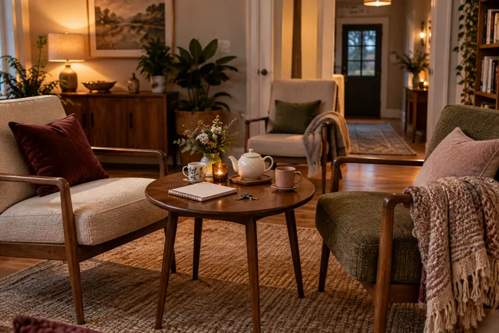 A warm living room offers three chairs around a small table with tea, a calendar, keys, and a folded blanket, suggesting caregiving support, respite, and room for a partner.
