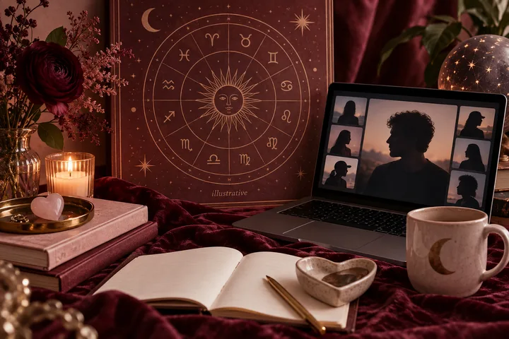 A laptop showing a video call beside an illustrative astrology chart, an open notebook, and a moon-marked mug in burgundy light.