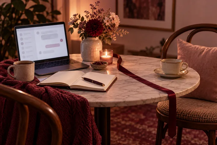 A laptop with a chat window, an open notebook, and two coffee cups sit on opposite sides of a round table.