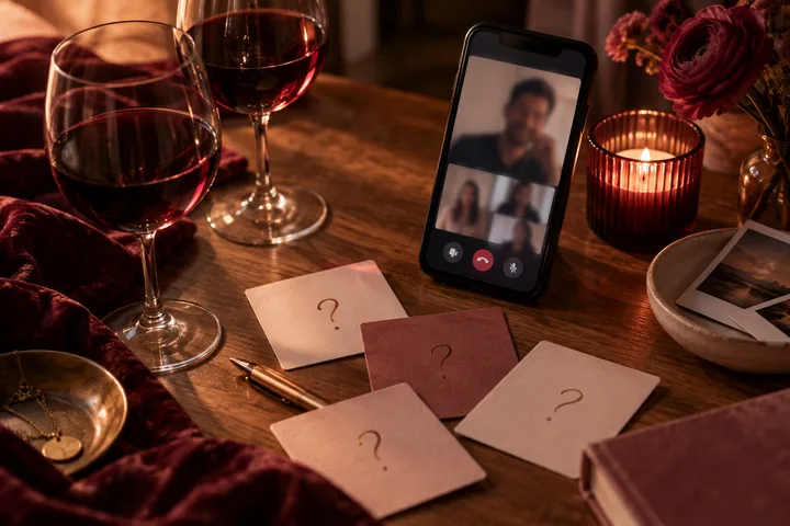 A phone showing a group video call rests beside question cards, two wine glasses, and a closed burgundy journal.