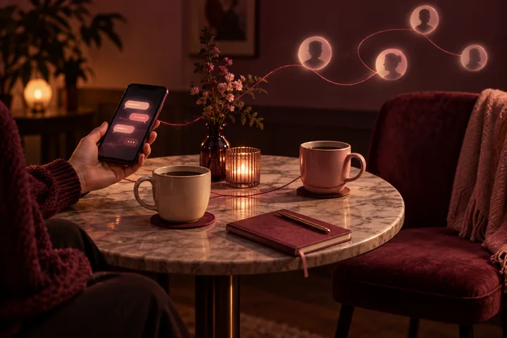 A hand holds a phone with chat messages while a glowing line connects silhouetted online friends above two coffee cups.
