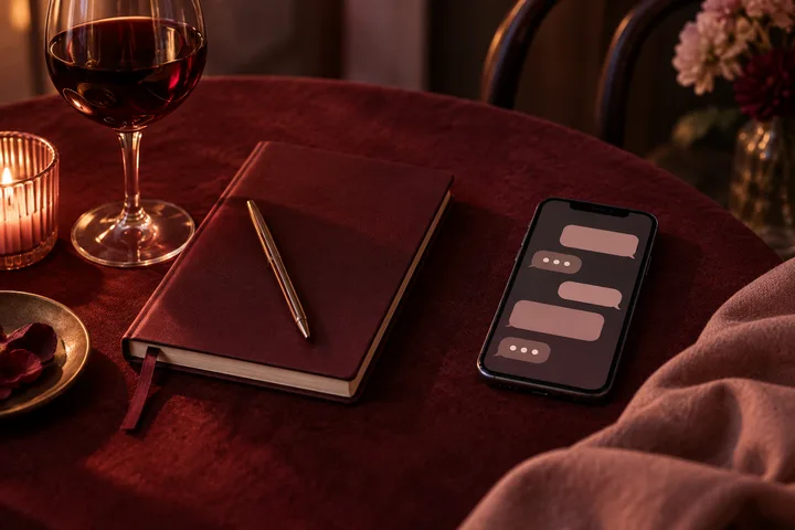 A smartphone with chat bubbles rests on a burgundy notebook beside a pen, candle, and wine glass.