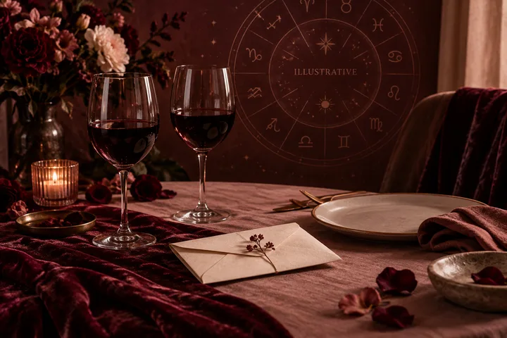 A dimly lit dining table with two wine glasses, two plates, flowers, a candle, and a sealed envelope decorated with a dried flower. A circular zodiac design marked "ILLUSTRATIVE" is visible on the wall behind it.