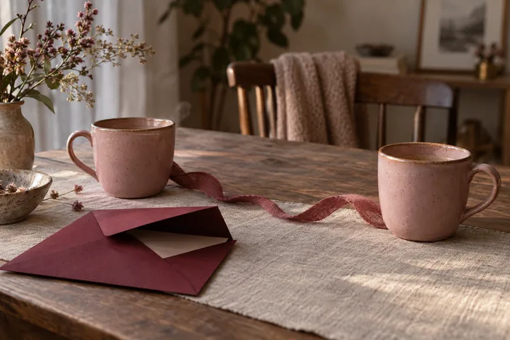 Two pink cups sit on a wooden table with an open burgundy envelope and a loose burgundy ribbon. A flowering branch, chair, plant, and framed picture are visible in the background.