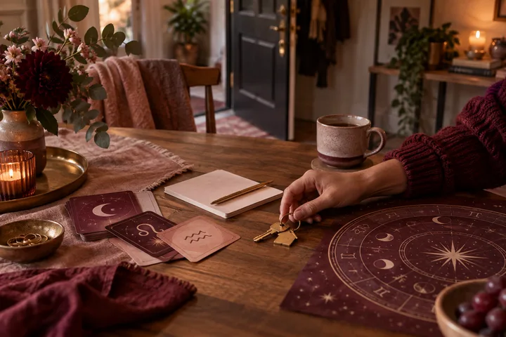 Warm burgundy and blush editorial still life with a house key, abstract illustrative astrology cards, a coffee mug, an open door, and a hand considering the practical meaning of moving in together.