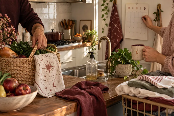 Sunlit lived-in kitchen scene showing two people sharing groceries, laundry, a mug, and a household calendar, with subtle abstract astrology motifs in burgundy and blush.