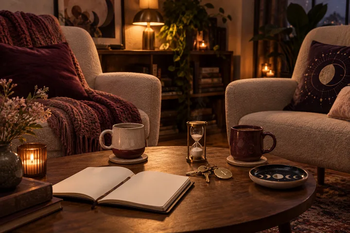 Quiet warmly lit living room with two chairs, two mugs, an open blank notebook, an hourglass, a house key, and moon-phase decor suggesting emotional safety and conflict repair.