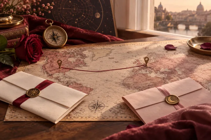 An antique world map marked by a red line between two pins, with a compass, red rose, two sealed envelopes, and a circular star chart beside a city view.