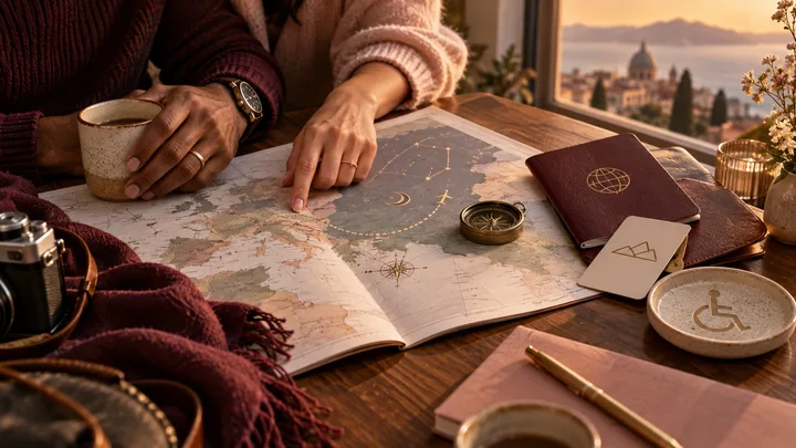 Two travelers' hands planning an accessible trip over a map with a passport, compass, and illustrative celestial chart beside a window