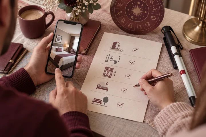 Two people checking hotel accessibility details on a phone and illustrated checklist beside a mobility cane