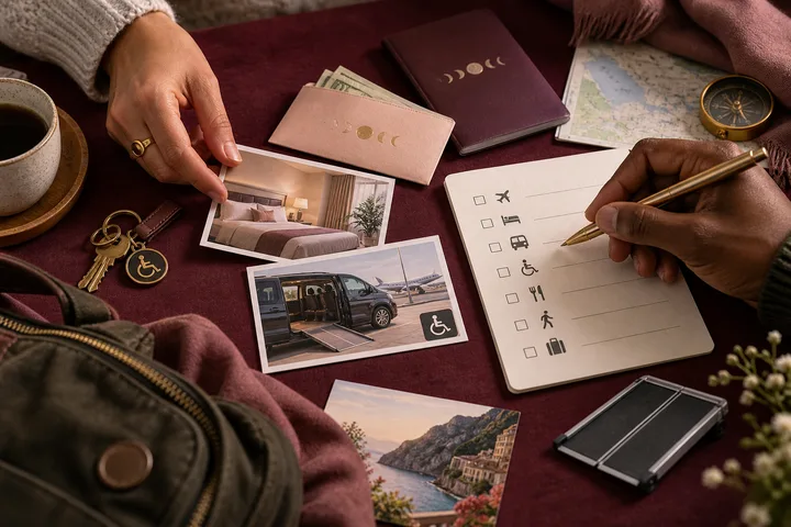 Hands dividing travel responsibilities around hotel photos, transport plans, a budget notebook, and an accessibility key tag