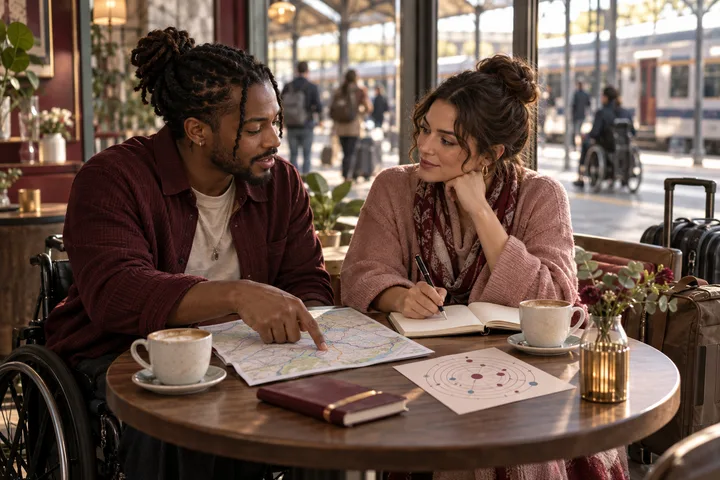 A couple calmly discussing a travel route at a station café, with a wheelchair, luggage, notebook, and illustrative synastry chart