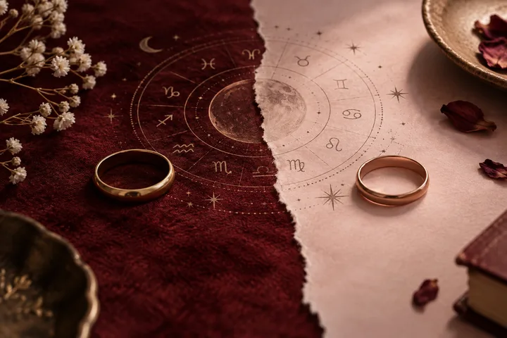 A torn burgundy-and-blush paper display shows a circular zodiac-style design with a moon and star symbols, flanked by two rings, dried flowers, and rose petals.