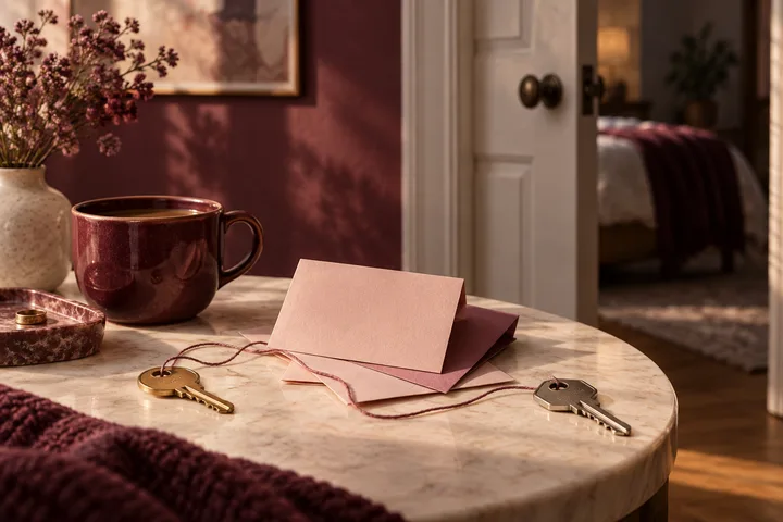 A marble table holds a burgundy cup, two keys, stacked blank envelopes, and a small tray, with an open bedroom door in the background.