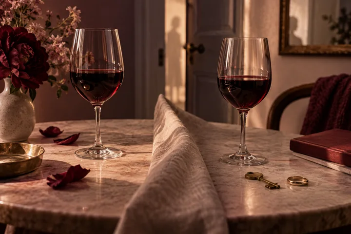 Two glasses of red wine sit on opposite sides of a folded table runner, with flowers, rose petals, keys, rings, and a book nearby.