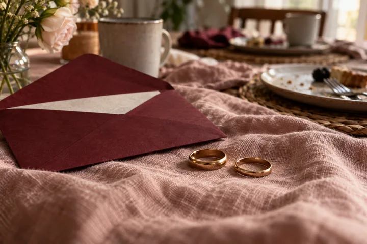 An open burgundy envelope with a blank card rests on a rumpled pink cloth beside two gold rings, with flowers, a mug, and a partly eaten plate in the background.
