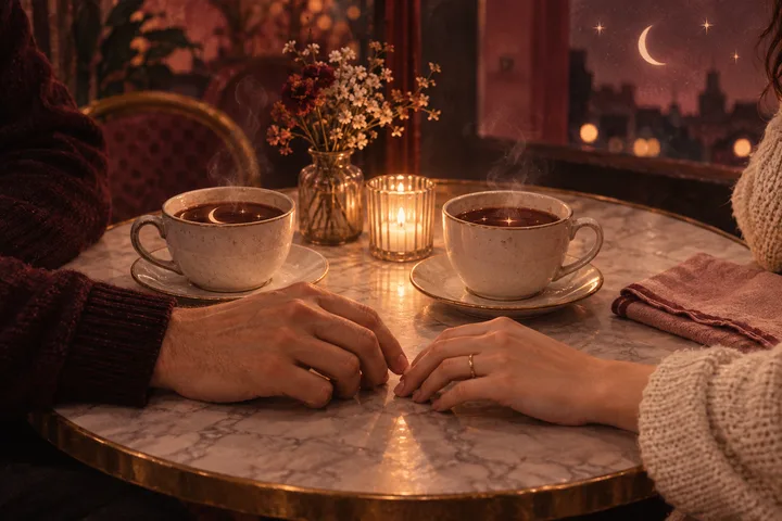 Two hands rest near each other on a marble table beside two cups, a lit candle and a vase of flowers; a crescent moon shows through the window.
