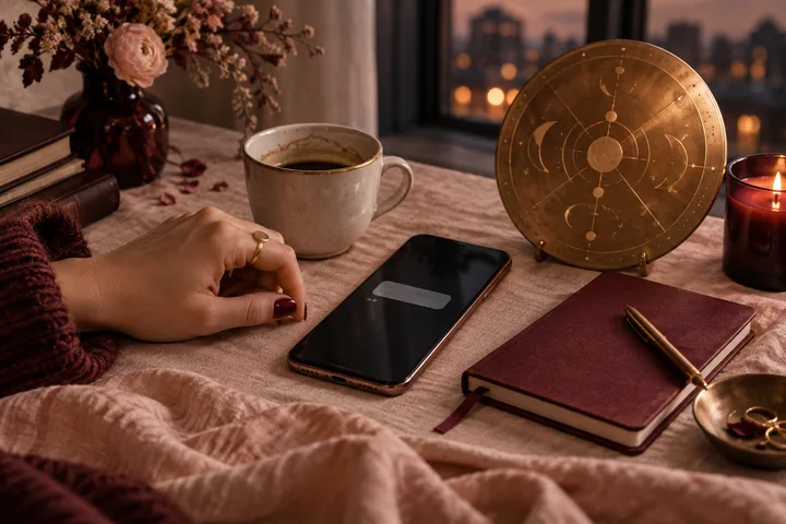 A burgundy-and-blush editorial still life with an unanswered phone, coffee, notebook, and illustrative brass astrology disc by a window.