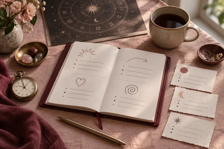 A notebook with abstract stress-moment marks, paper slips, a watch, coffee, and an illustrative celestial wheel on blush linen.