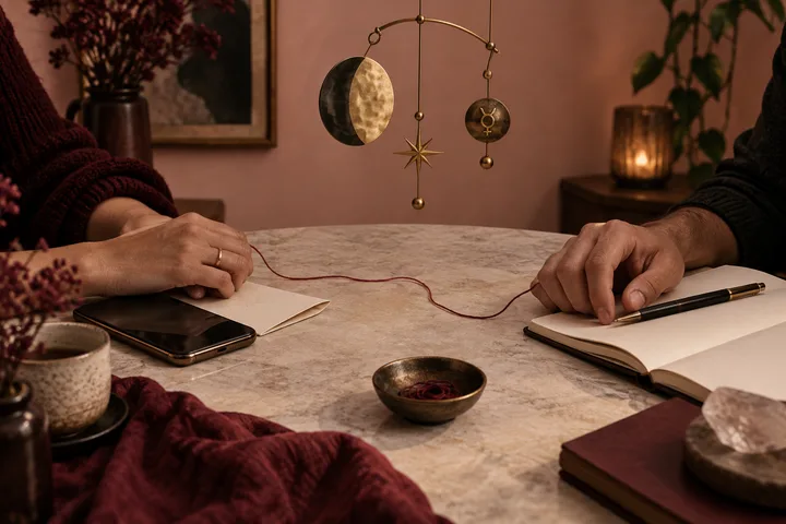 Two people’s hands at a table connected by a burgundy thread beneath an illustrative Moon-and-Mercury brass mobile.