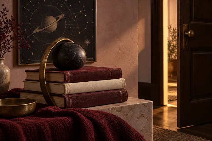 A balanced stack of burgundy and cream books held by brass and stone beside an open doorway and illustrative constellation artwork.