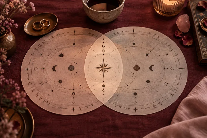 Two overlapping illustrative celestial discs on burgundy fabric, with an intersection at the center and rings nearby.