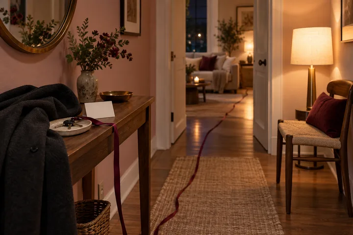 A warm apartment hallway with keys, coat, blank note, and a burgundy ribbon leading toward an illuminated room.
