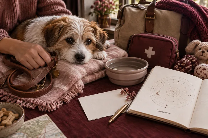 Burgundy-and-blush still life of a pet carrier, travel papers, and an illustrative astrological chart beside a folded map, evoking care planning for a journey or emergency.