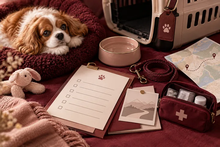 Burgundy-and-blush still life of labeled pet supplies, a medication case, food, and a key arranged as a practical emergency-care kit.
