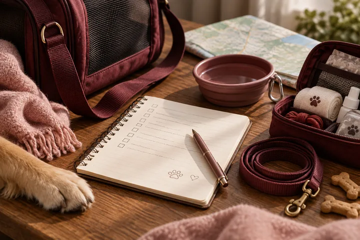 Close-up burgundy-and-blush still life of a pet leash, carrier strap, travel tag, and handwritten care notes, focused on a clear caregiver handoff.