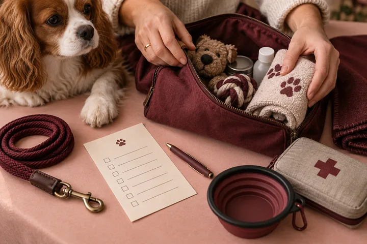 Burgundy-and-blush still life of two overlapping hands near a pet-care checklist and house key, suggesting shared responsibility and relationship boundaries.