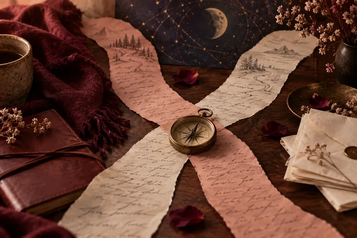 A brass compass rests where two handwritten paper strips cross on a dark table, with a moon-and-stars illustration behind them.