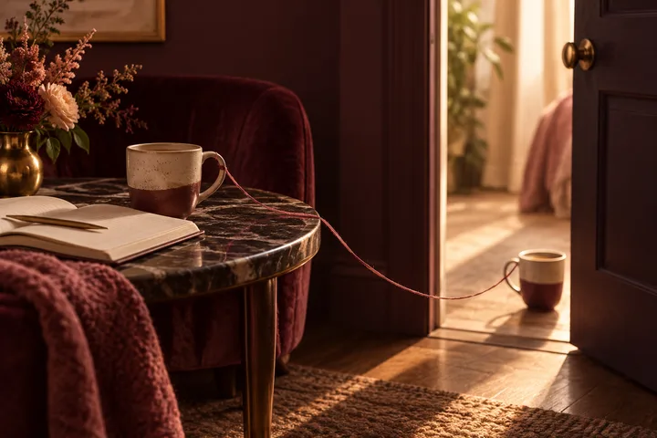 A red thread connects two mugs across an open doorway between a dim sitting room and a sunlit room.