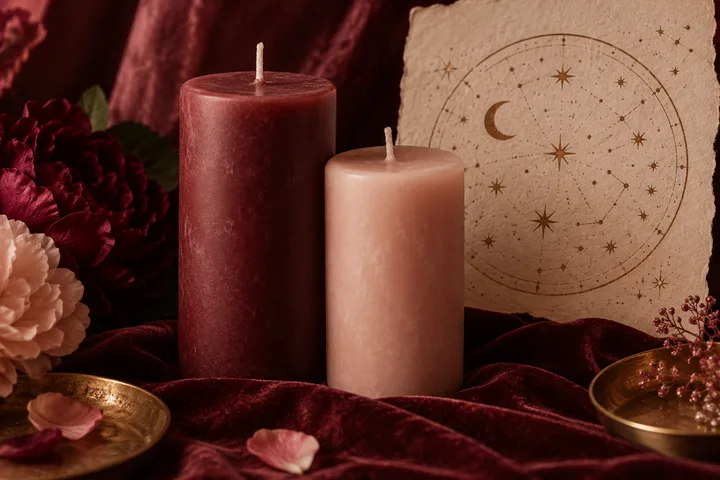 Two candles beside a circular star chart on parchment, with burgundy flowers and scattered petals.