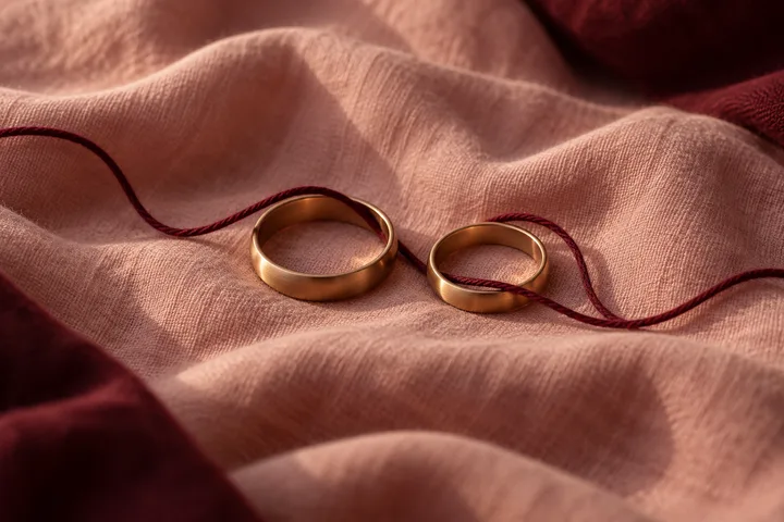 Two gold bands linked by a burgundy cord on blush-colored fabric.