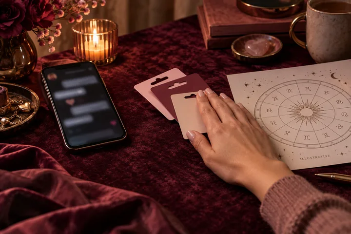 A hand rests on two blank gift cards beside a phone, candle, flowers, and an illustrative zodiac chart on burgundy cloth.