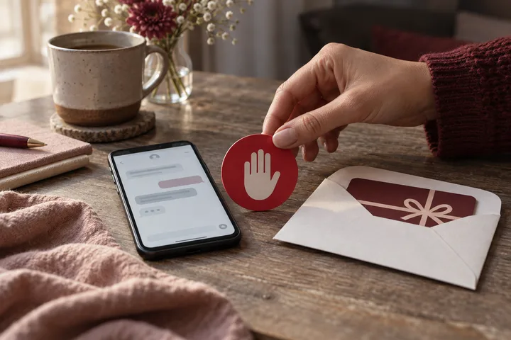A hand holds a red stop symbol beside a phone showing a blurred chat and an unopened gift envelope on a wooden table.