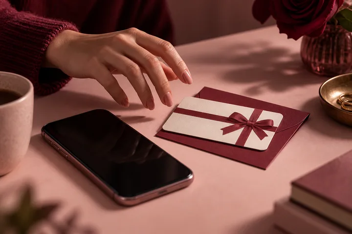 A hand pauses above an unopened gift card beside a dark phone, coffee cup, burgundy envelope, and rose in warm pink light.